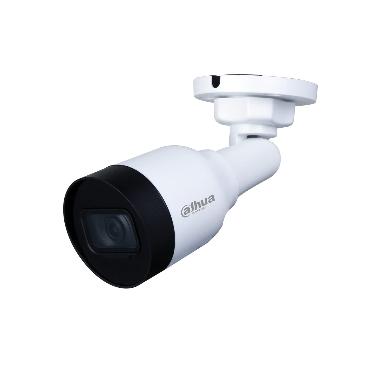 White security camera with black lens on a white background
