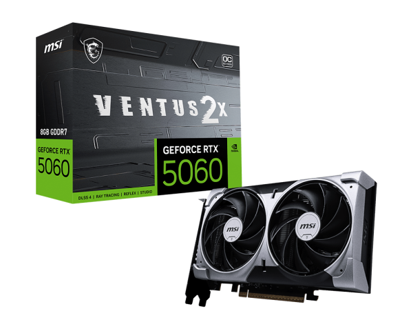 MSI Ventus 2X GeForce RTX 5060 8GB GDDR7 Graphics Card - OC
MSI GeForce RTX 5060 graphics card with packaging on a white background