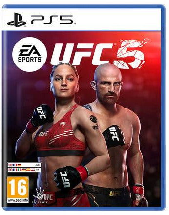 UFC 5 video game case for PS5 with two characters on a red and blue background
