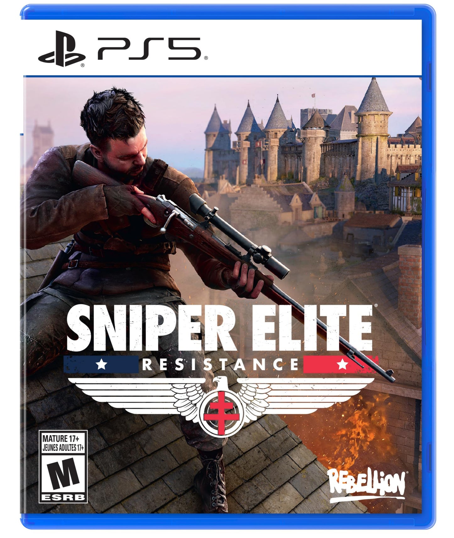 Game box for 'Sniper Elite Resistance' on PS5 with a character holding a rifle and a castle in the background.