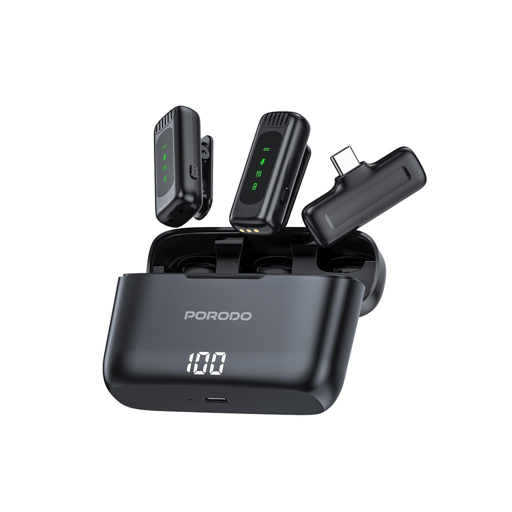 Porodo 2 in 1 Wireless Lavalier Microphone (USB C + Lightning)