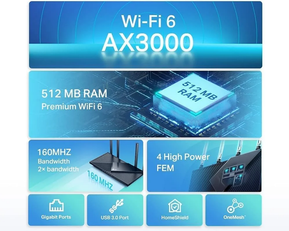 TP Link Archer AX55 - AX3000 Dual Band Gigabit WiFi 6 Router