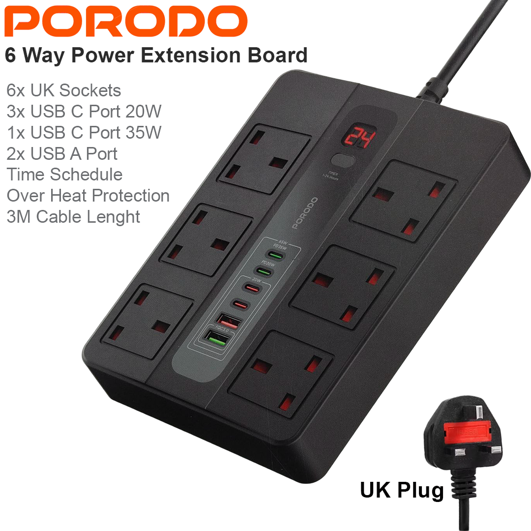 Porodo 6 Way UK Power Extension Board (2xUSB A / 4xUSB C) - 3M