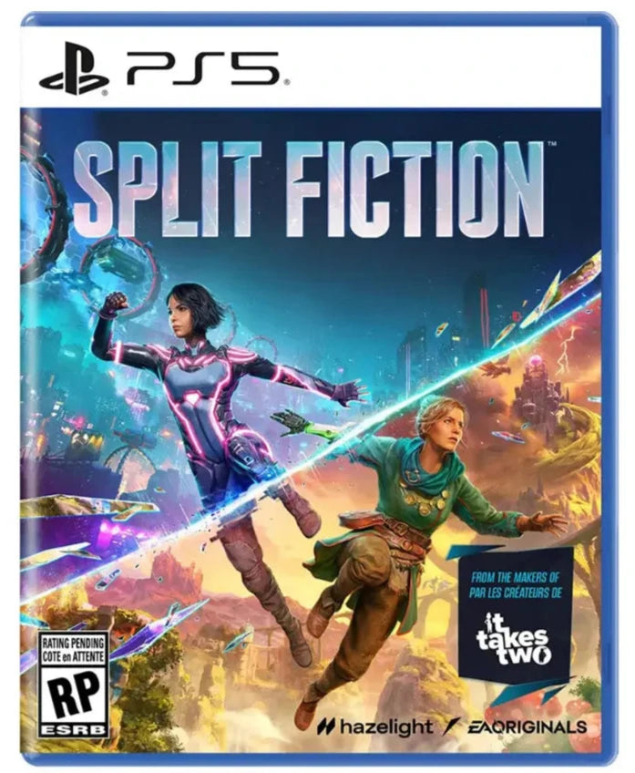 Game case for 'Split Fiction' on PS5 with two characters and a futuristic cityscape.