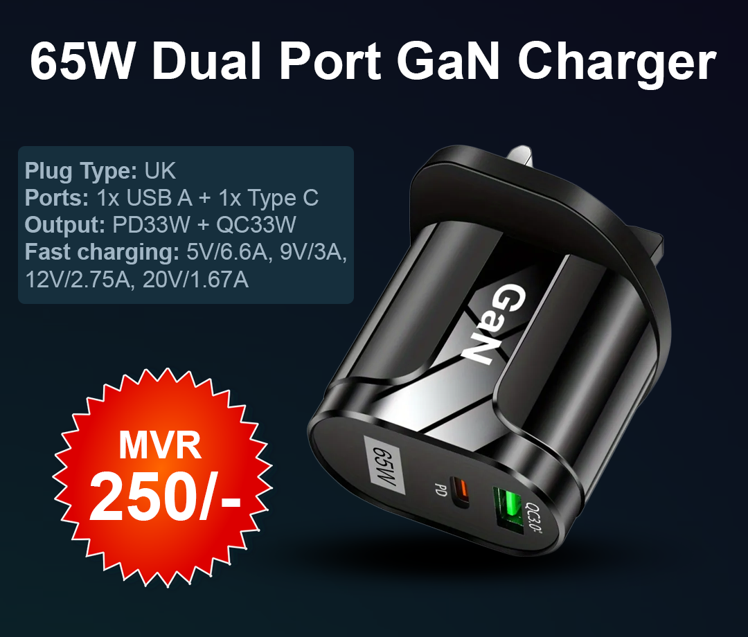 USB + Type C / USB C / PD Ganx 65W Power Adapter