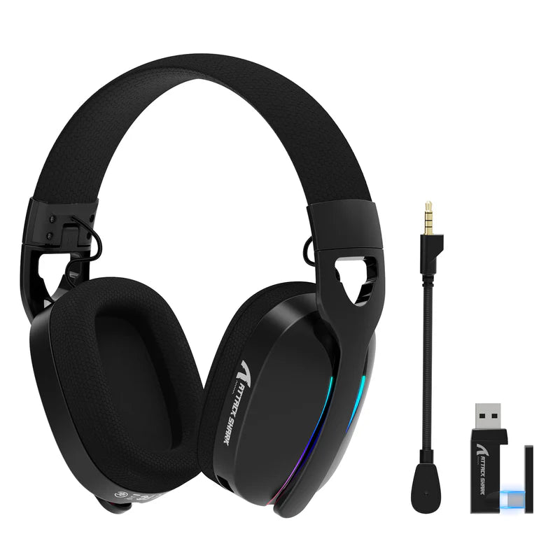 Black gaming headset with wireless receiver and USB adapter on a white background