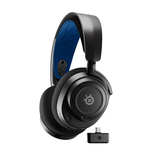 SteelSeries Arctis Nova 7P Wireless Headphones - Black
Black gaming headset with blue interior and wireless receiver on a white background
