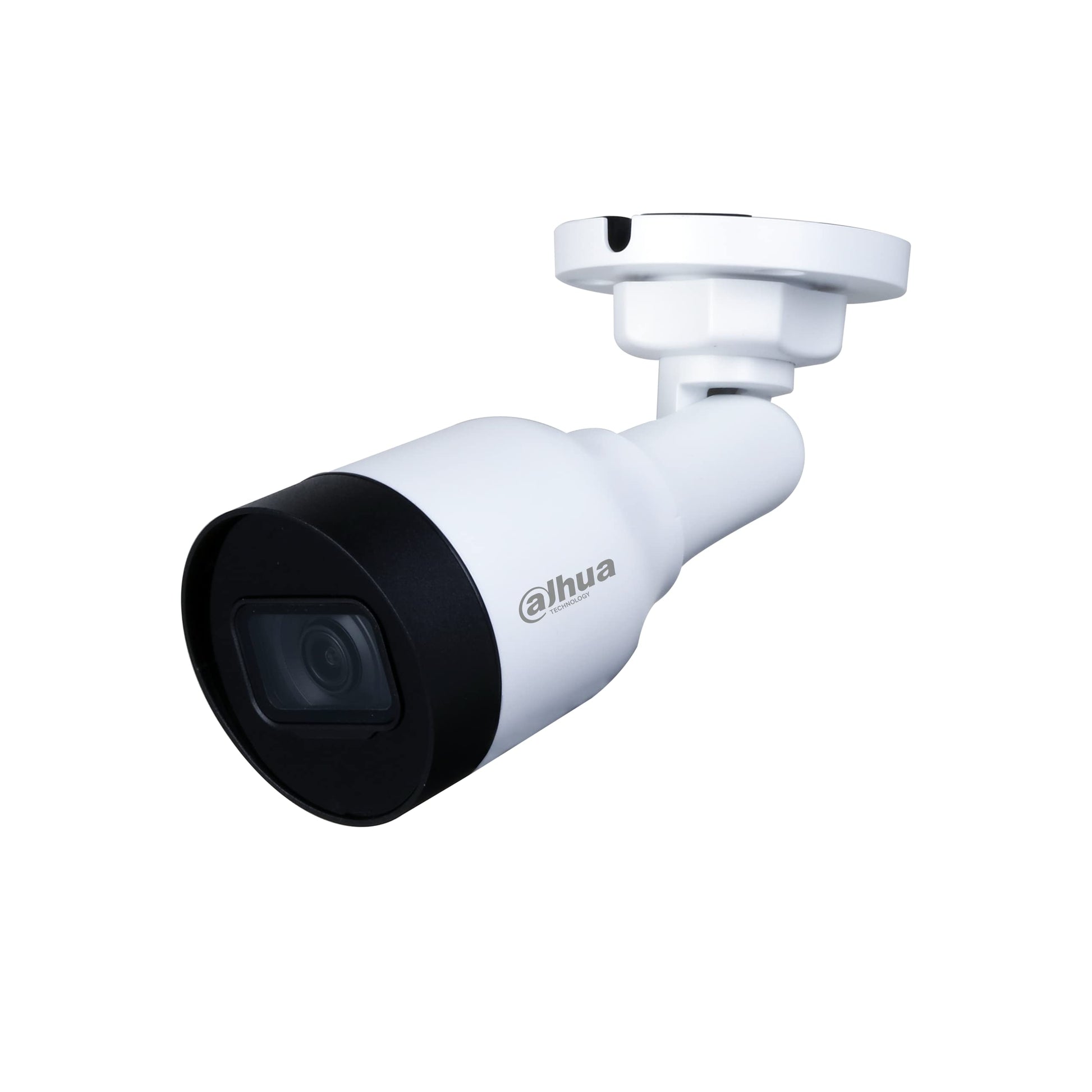 White security camera with black lens on a white background