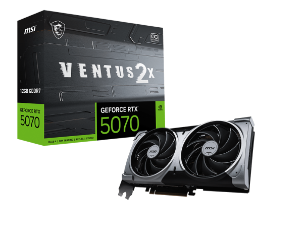 MSI Ventus 2X GeForce RTX 5070 12GB GDDR7 Graphics Card - OC
MSI GeForce RTX 5070 graphics card with packaging on a white background