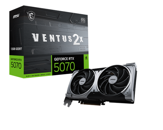 MSI Ventus 2X GeForce RTX 5070 12GB GDDR7 Graphics Card - OC
MSI GeForce RTX 5070 graphics card with packaging on a white background