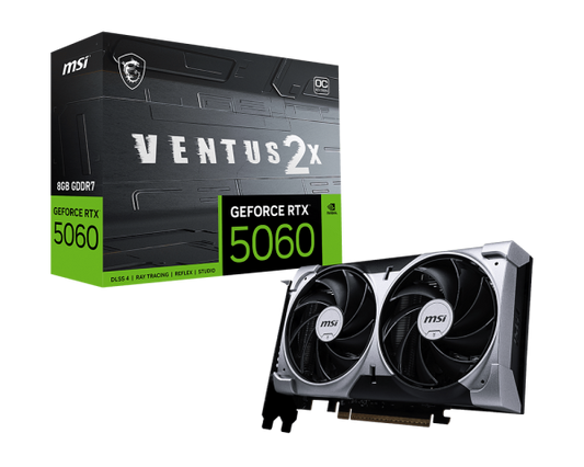 MSI Ventus 2X GeForce RTX 5060 8GB GDDR7 Graphics Card - OC
MSI GeForce RTX 5060 graphics card with packaging on a white background