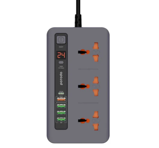 Porodo 3 Way UK Power Extension (4xUSB A / 1xUSB C) - 2M (Grey)