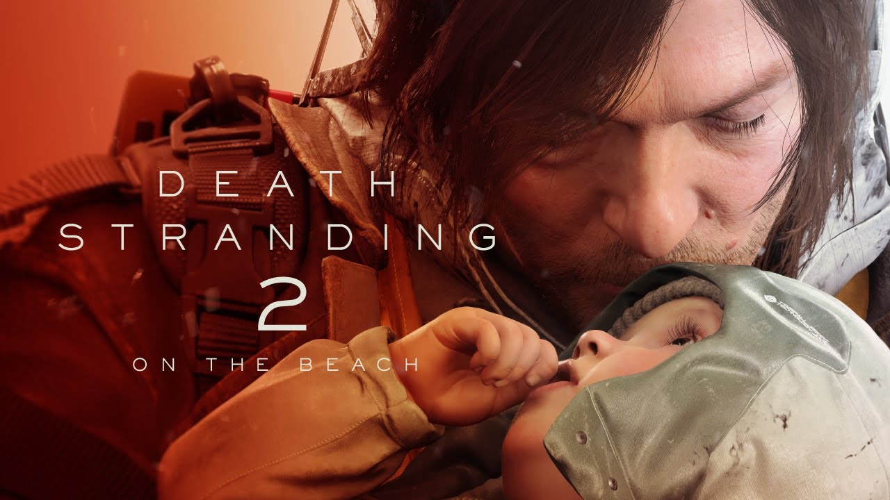 Promotional image for 'Death Stranding 2' with a person holding a baby on a beach.
